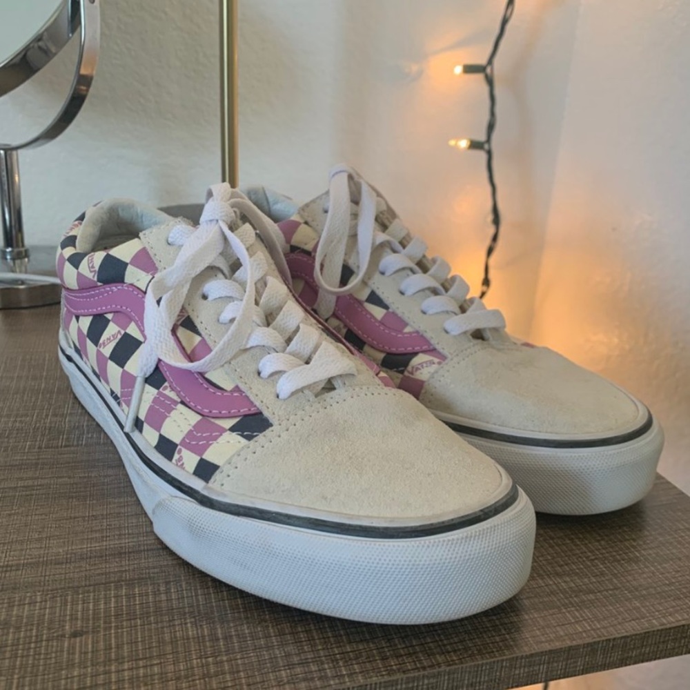 cream and purple checkerboard vans